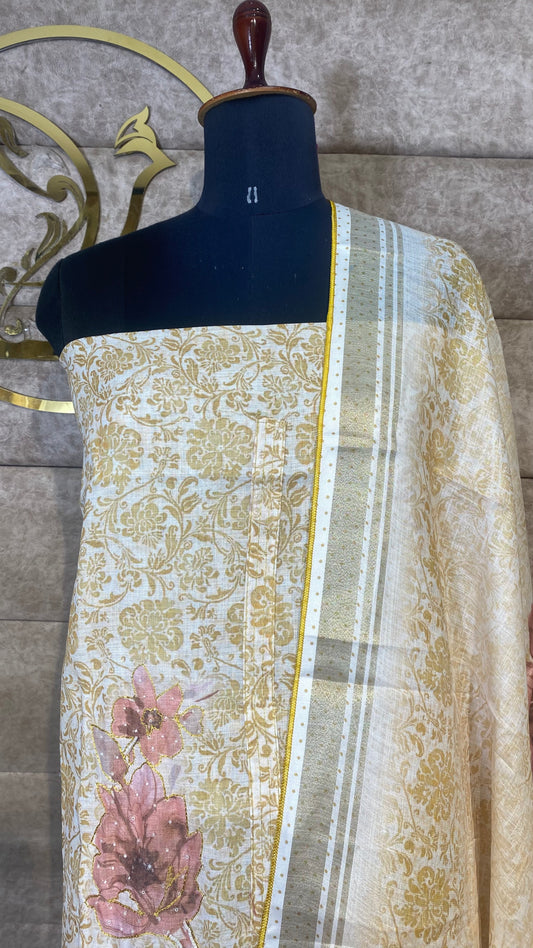 LINEN MIX WHITE & GOLDEN FULL SALWAR MATERIAL - 30584