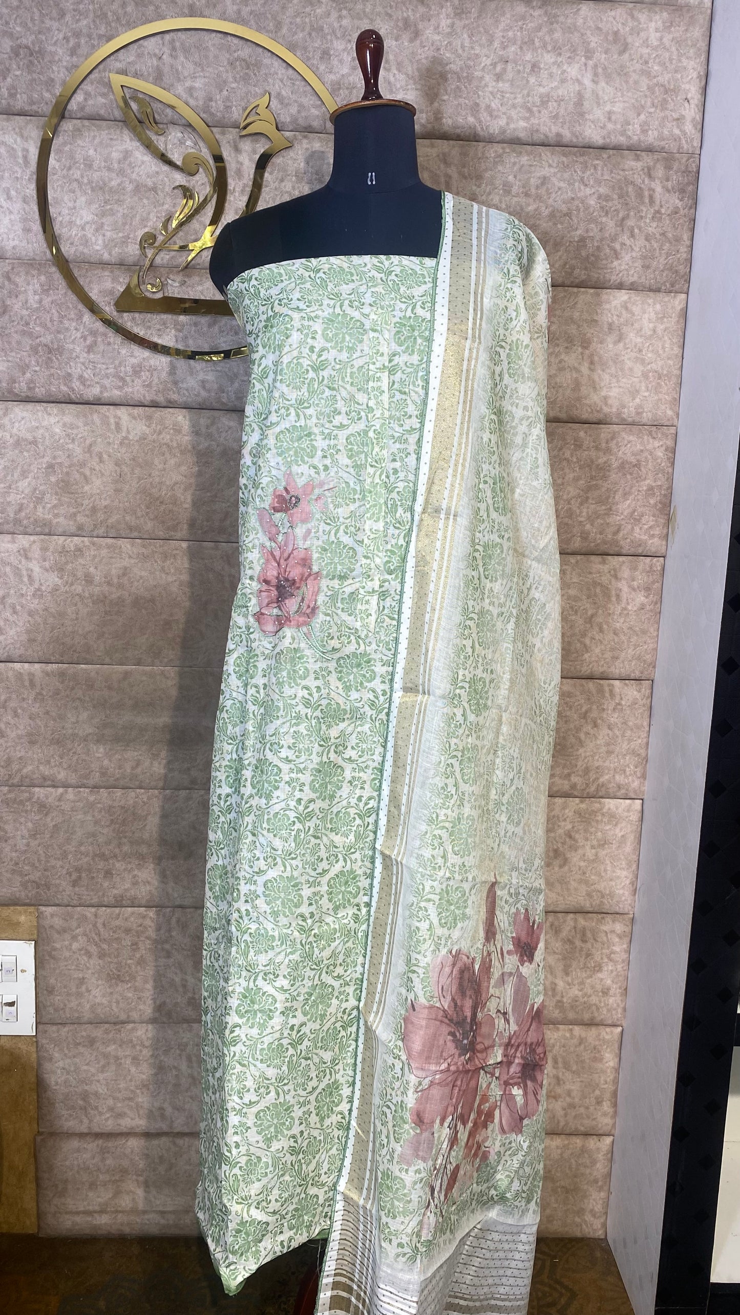 LINEN MIX WHITE & GREEN FULL SALWAR MATERIAL - 30584