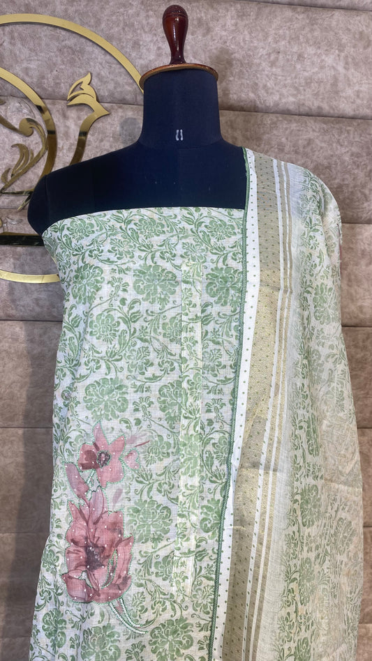LINEN MIX WHITE & GREEN FULL SALWAR MATERIAL - 30584