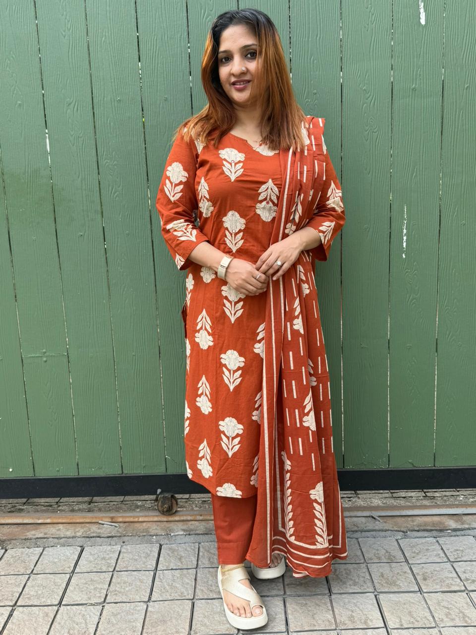 BRICK ORANGE COTTON FULL SALWAR SET- 30531