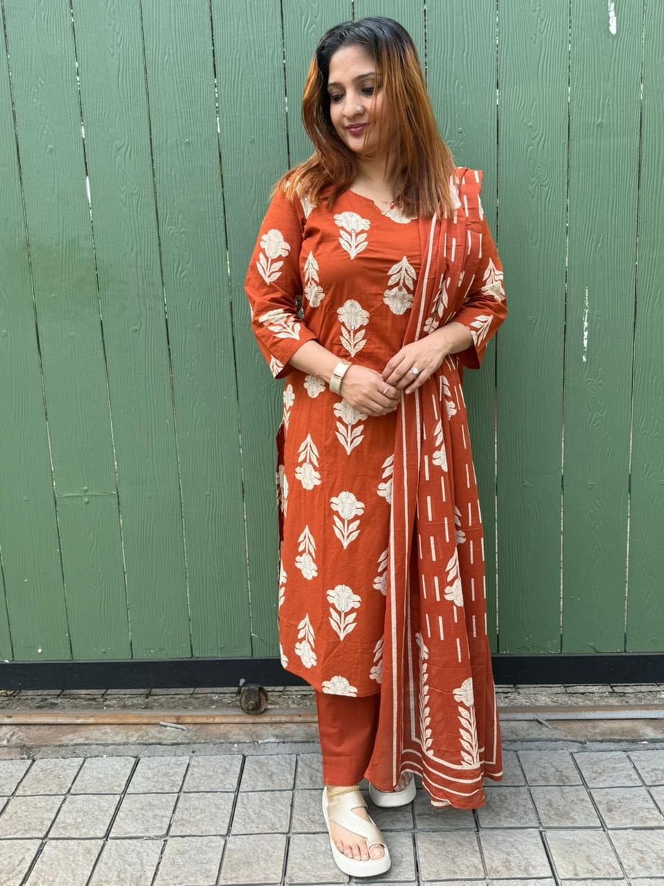 BRICK ORANGE COTTON FULL SALWAR SET- 30531