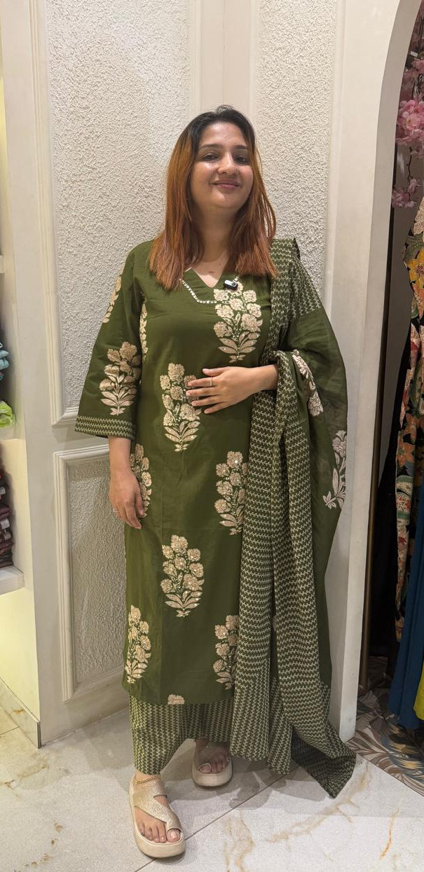 OLIVE GREEN COTTON FULL SALWAR SET - 30540