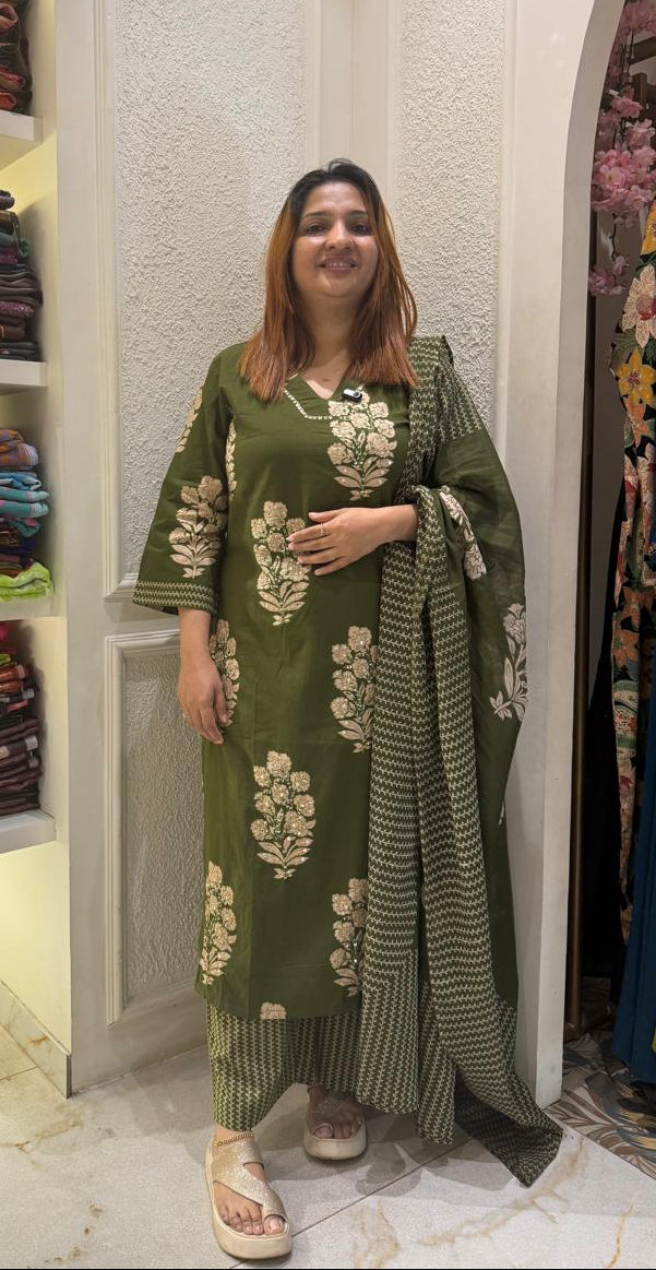 OLIVE GREEN COTTON FULL SALWAR SET - 30540