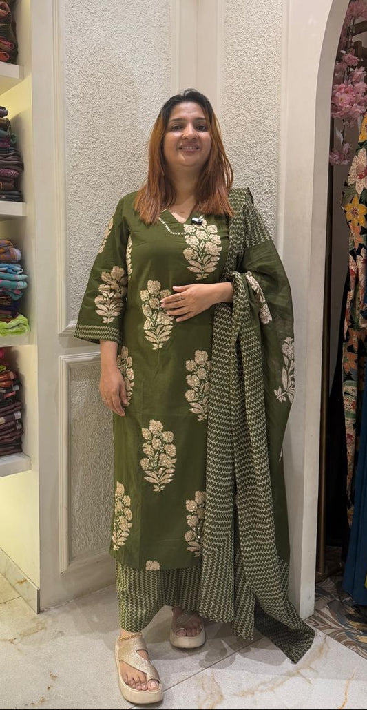 OLIVE GREEN COTTON FULL SALWAR SET - 30540