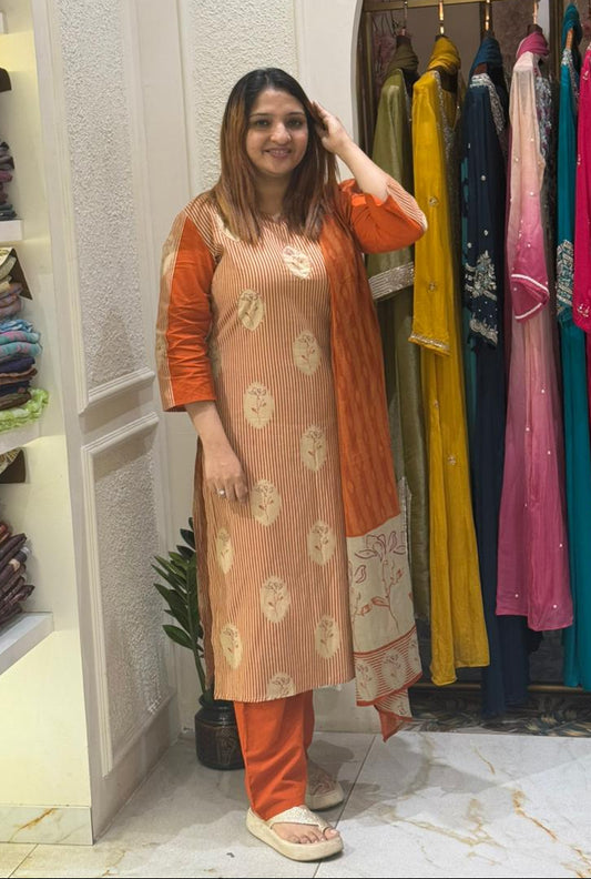 COTTON ORANGE AND BEIGE FULL SALWAR SET - 30550
