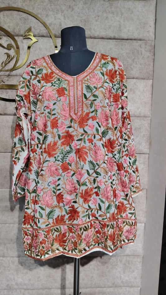 WHITE PEACH TOP GEORGETTE KASHMIRI AARI WORK - 30563