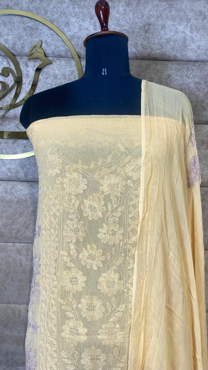 CREAM GEORGETTE TOP AND DUPATTA SALWAR MATERIAL - 30619 (WITHOUT BOTTOM)
