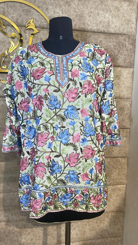 WHITE & BLUE TOP GEORGETTE KASHMIRI AARI WORK - 30631 (FREE SIZE UPTO 46")