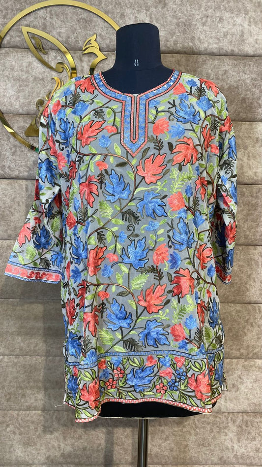 ASH & ORANGE TOP GEORGETTE KASHMIRI AARI WORK - 30631 (FREE SIZE UPTO 44")