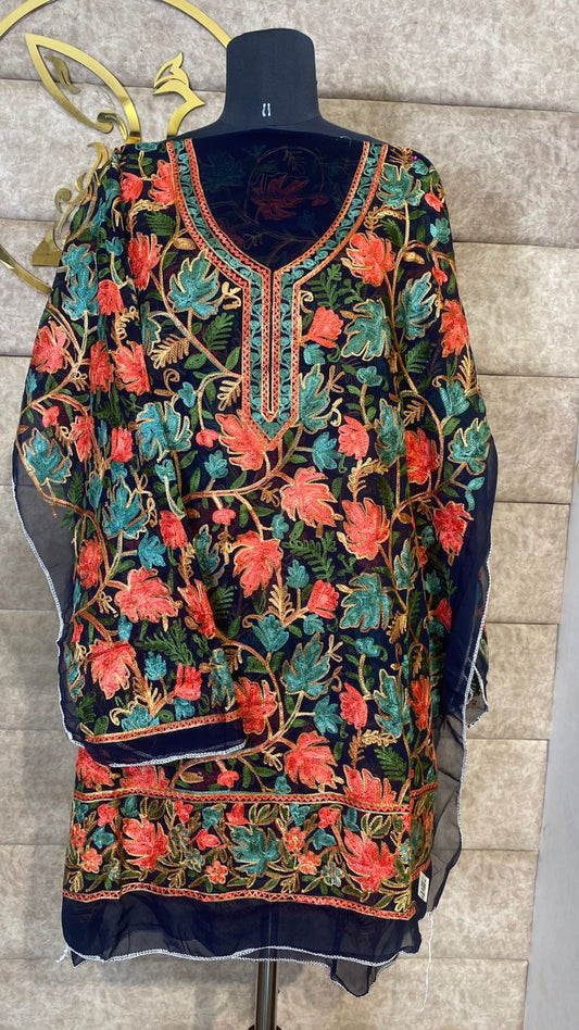 MATERIAL  NAVY BLUE TOP GEORGETTE KASHMIRI AARI WORK - 30631 (FREE SIZE)