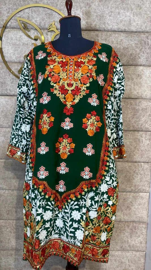 DARK GREEN GEORGETTE TOP KASHMIRI AARI WORK - 30630 (FREE SIZE)