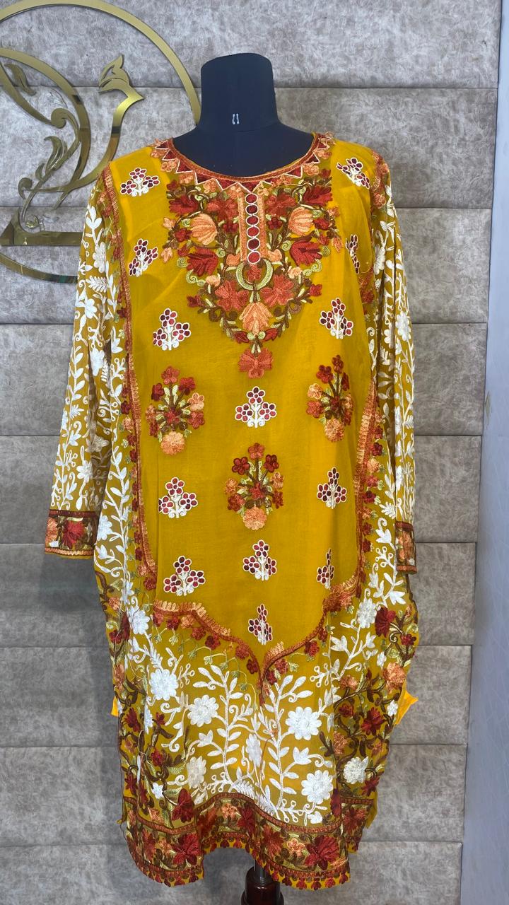 YELLOW GEORGETTE  TOP KASHMIRI AARI WORK - 30630 (FREE SIZE)