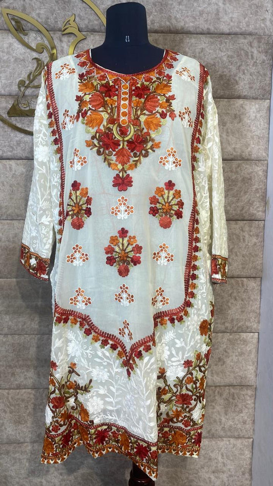 OFF WHITE  GEORGETTE  TOP KASHMIRI AARI WORK - 30630 (FREE SIZE)