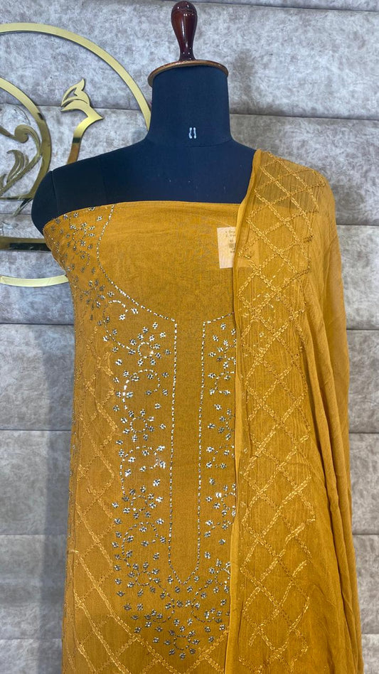 YELLOW CREPE KARACHI TOP AND DUPATTA MATERIAL - 30618 (WITH OUT BOTTOM)