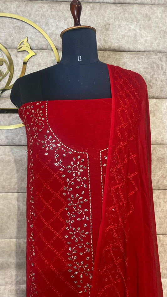 CHERRY RED CREPE KARACHI TOP AND DUPATTA MATERIAL - 30618 (WITH OUT BOTTOM)