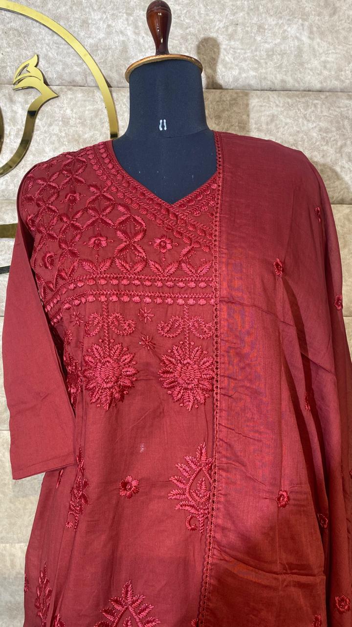 MAROON COTTON CHINKANKARI FULL SALWAR SET - 30625