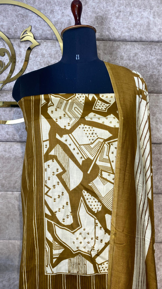 COTTON MUSTARD BROWN & OFF WHITE FULL SALWAR MATERIAL- 30569