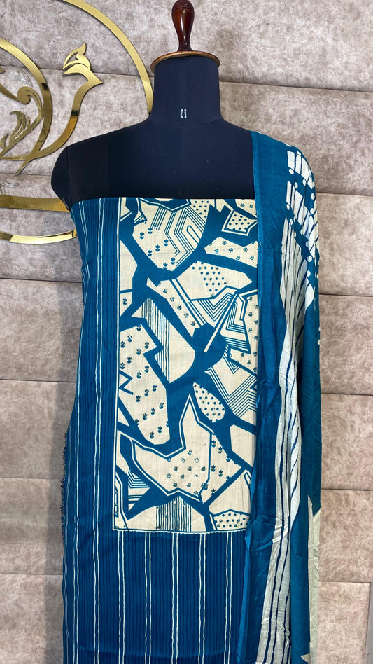 COTTON TEAL BLUE & OFF WHITE FULL SALWAR MATERIAL- 30569