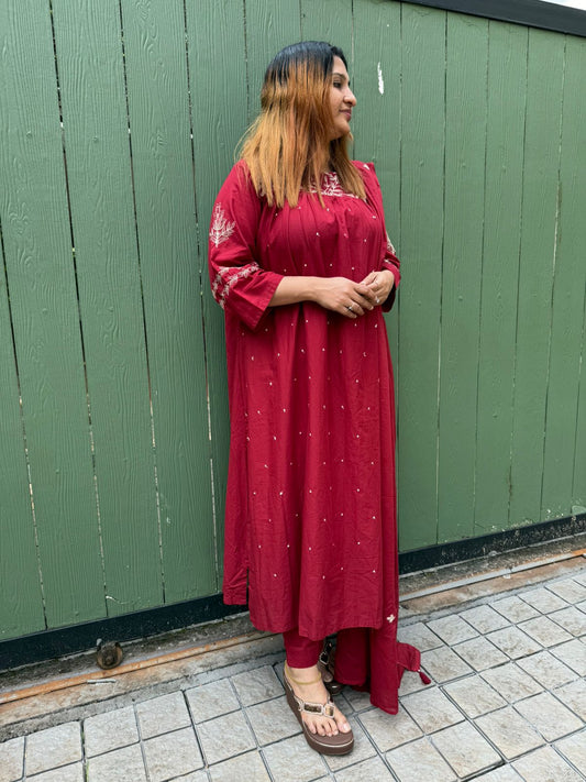 CHERRY RED COTTON FULL SALWAR SET- 30653