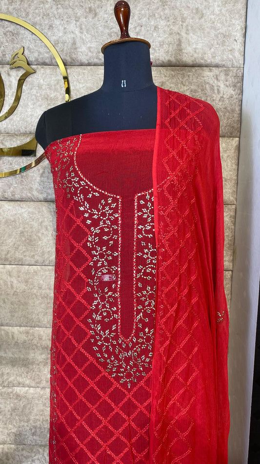 RED CREPE KARACHI TOP AND DUPATTA MATERIAL - 30618 (WITH OUT BOTTOM)