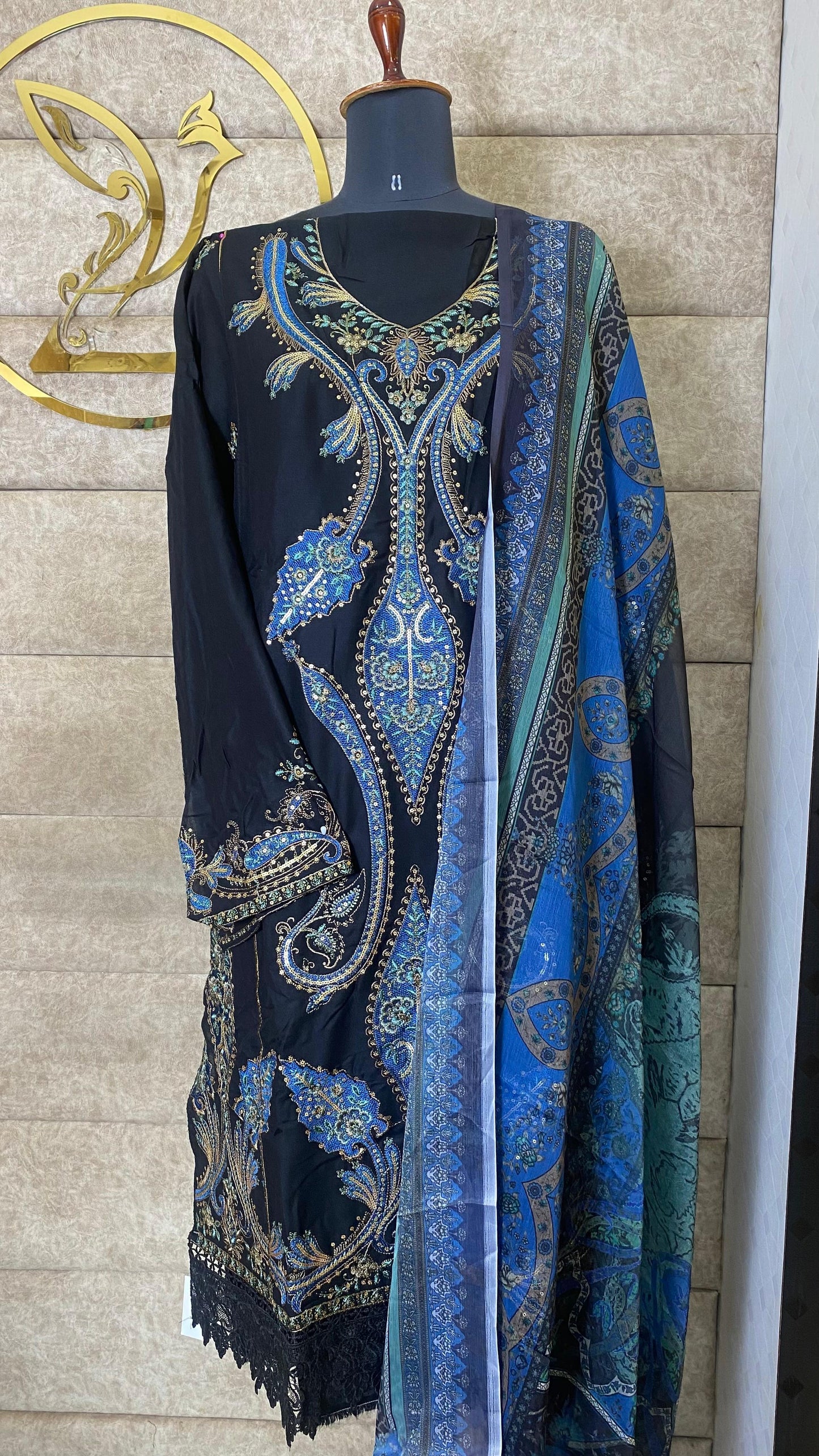 RAYON BLACK PAKISTANI FULL SALWAR MATERIAL - 30651
