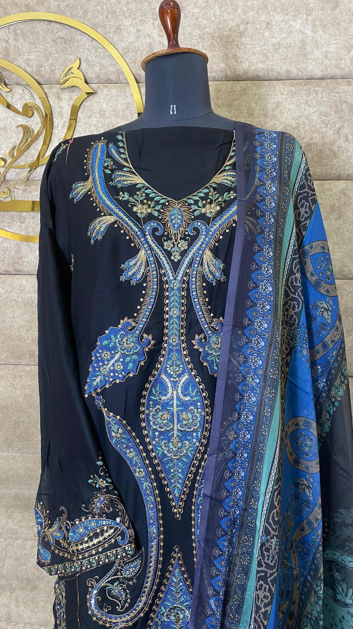 RAYON BLACK PAKISTANI FULL SALWAR MATERIAL - 30651