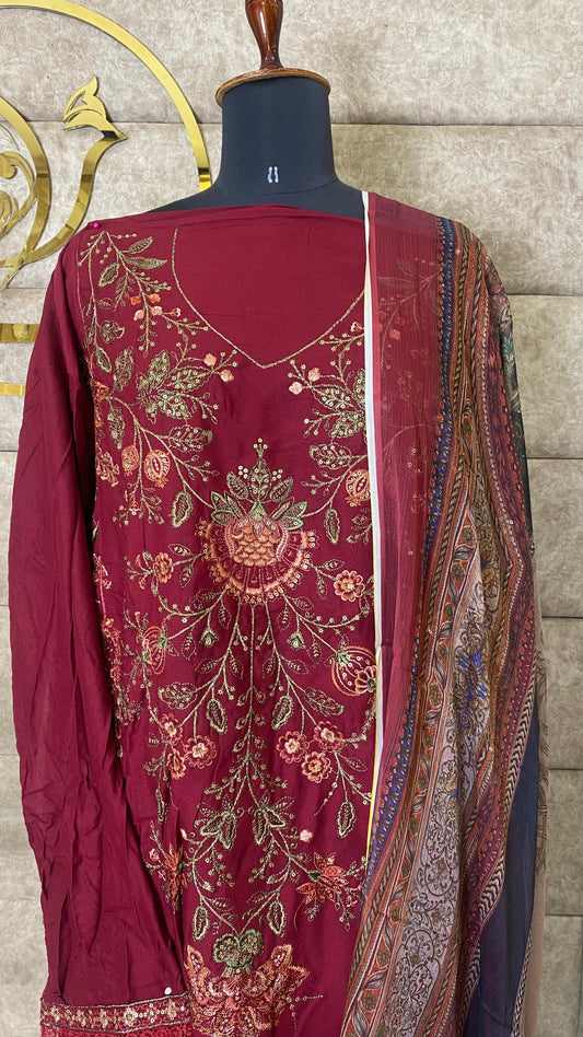 RAYON MAROON PAKISTANI FULL SALWAR MATERIAL - 30651