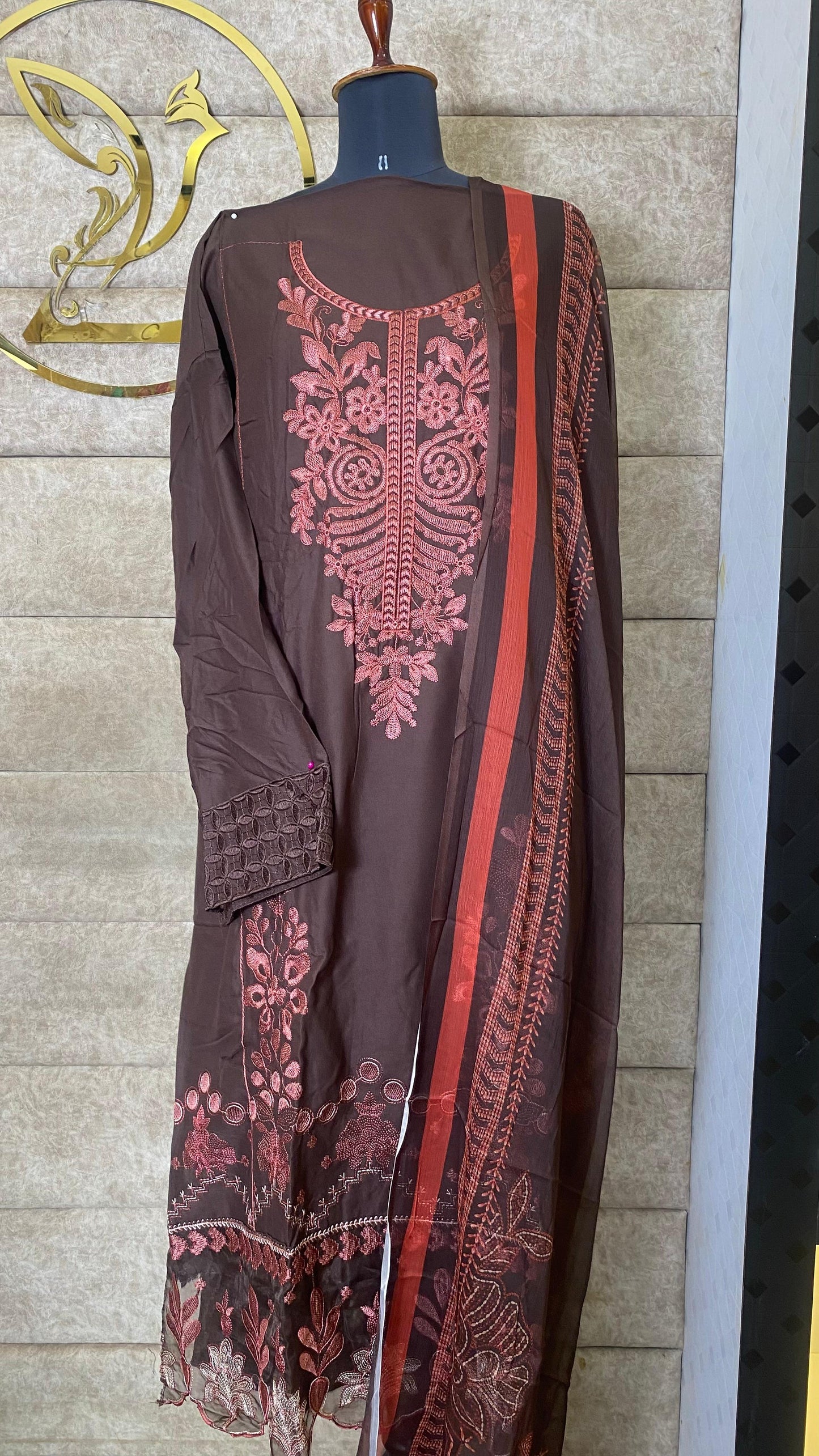 RAYON BROWN PAKISTANI FULL SALWAR MATERIAL - 30651