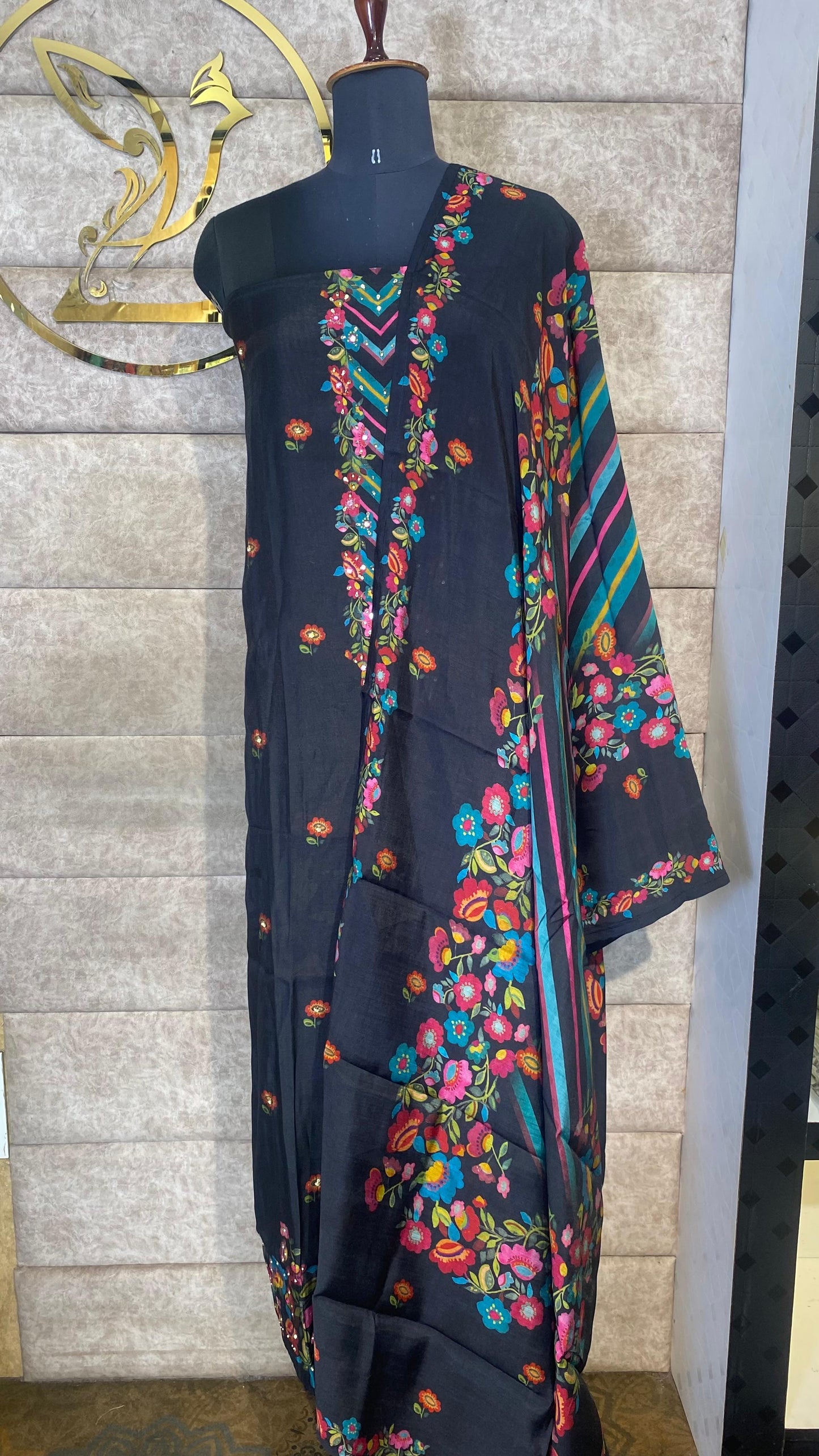 BLACK SEMI MUSLIN FULL SALWAR SET - 30656