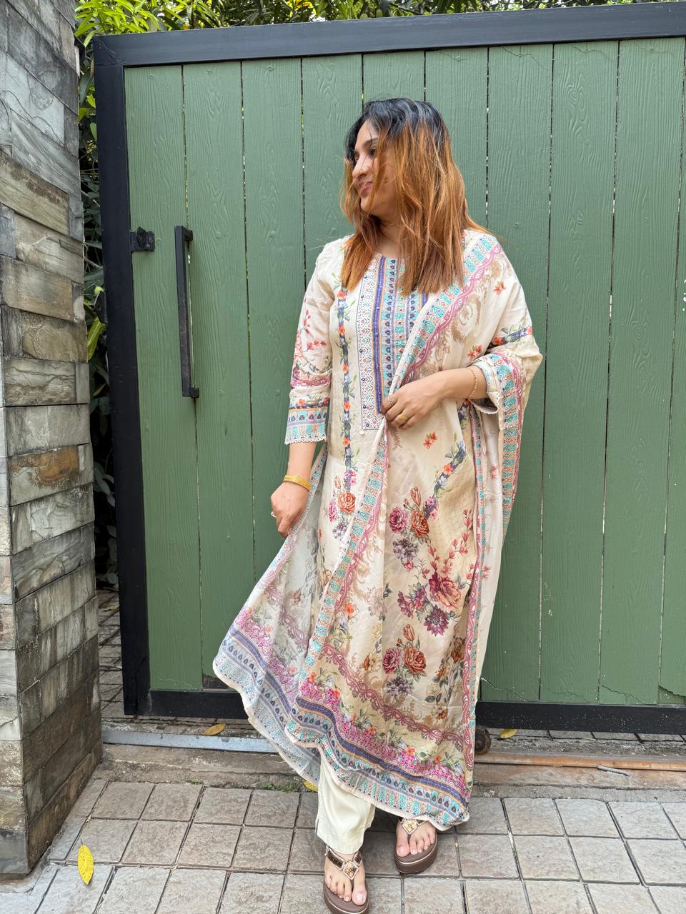 CREAM CRAPE SILK FULL SALWAR SET- 30641