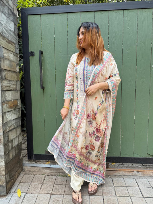 CREAM CRAPE SILK FULL SALWAR SET- 30641