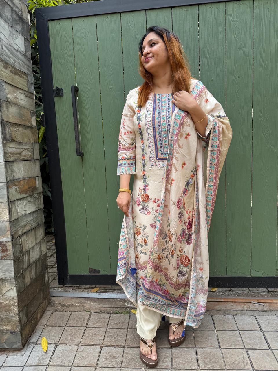 CREAM CRAPE SILK FULL SALWAR SET- 30641