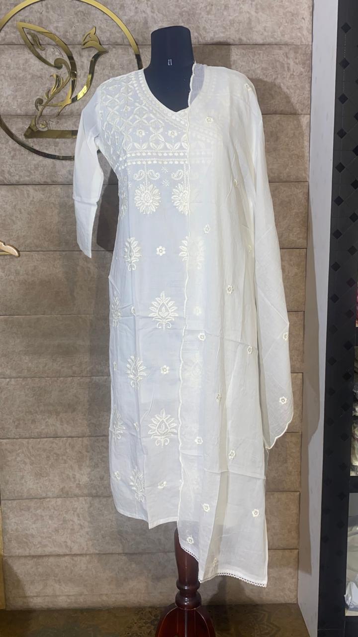 WHITE CHIKANKARI COTTON FULL SALWAR SET - 30626