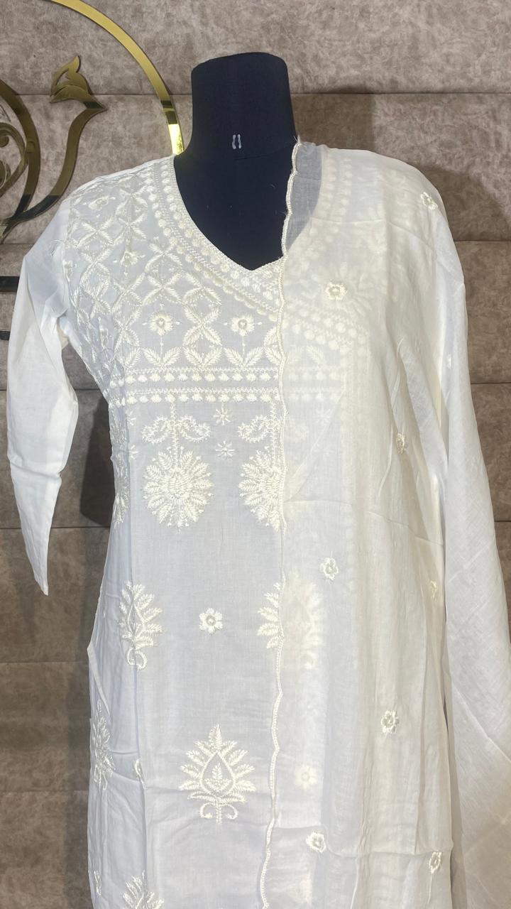 WHITE CHIKANKARI COTTON FULL SALWAR SET - 30626