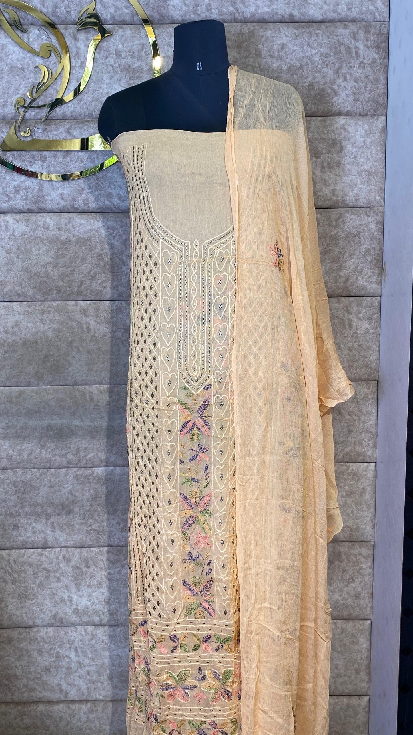 PASTEL ORANGE KARACHI SALWAR MATERIAL - 30620 (WITHOUT BOTTOM)