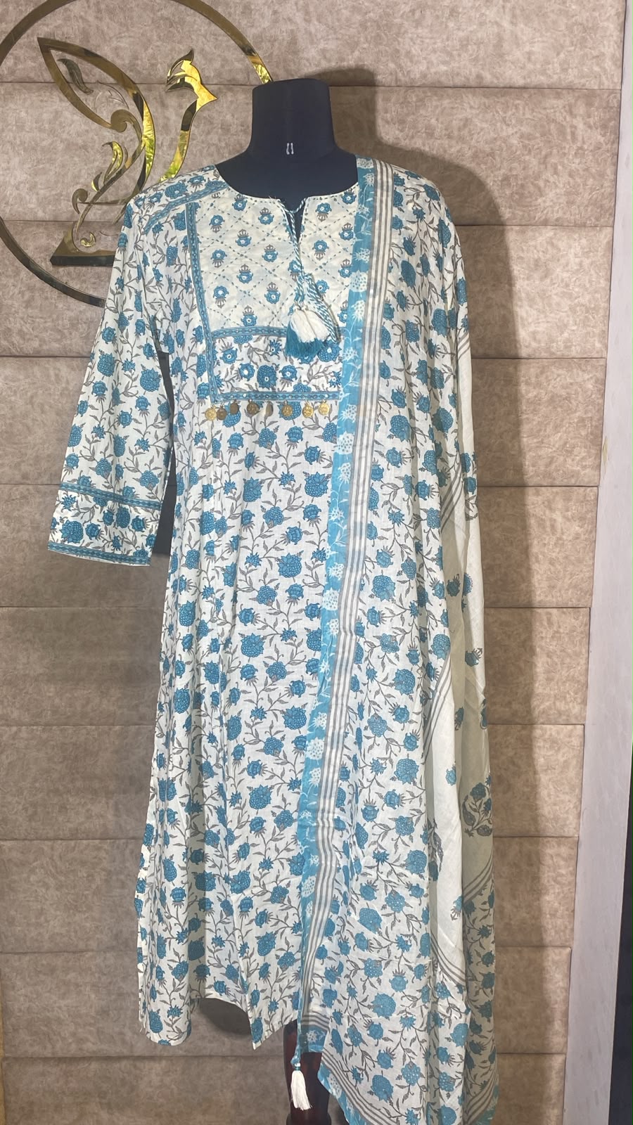 WHITE AND SKY BLUE COTTON FULL SALWAR SET - 30704