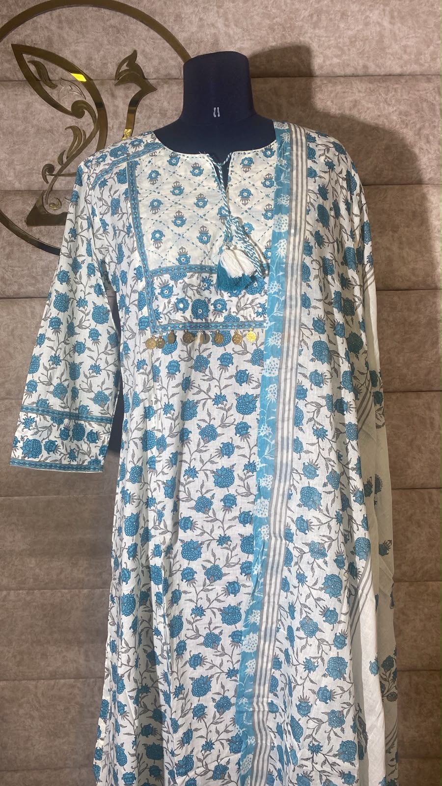 WHITE AND SKY BLUE COTTON FULL SALWAR SET - 30704