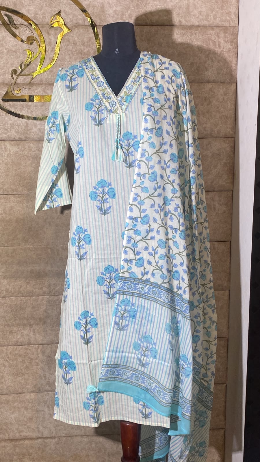 WHITE & BLUE COTTON FULL SALWR SET - 30696