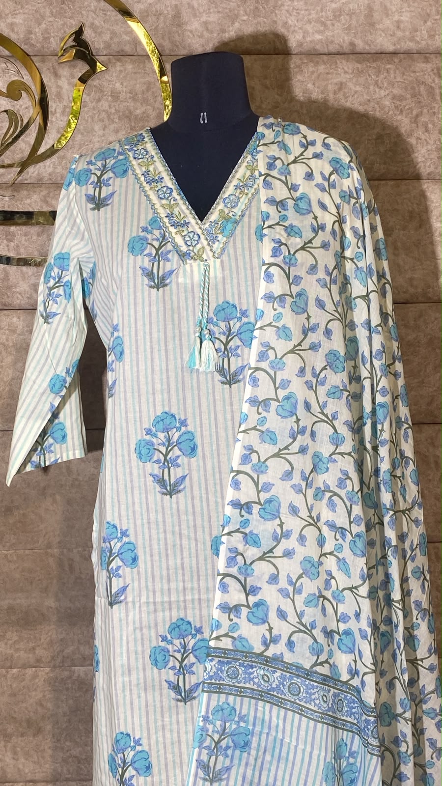 WHITE & BLUE COTTON FULL SALWR SET - 30696