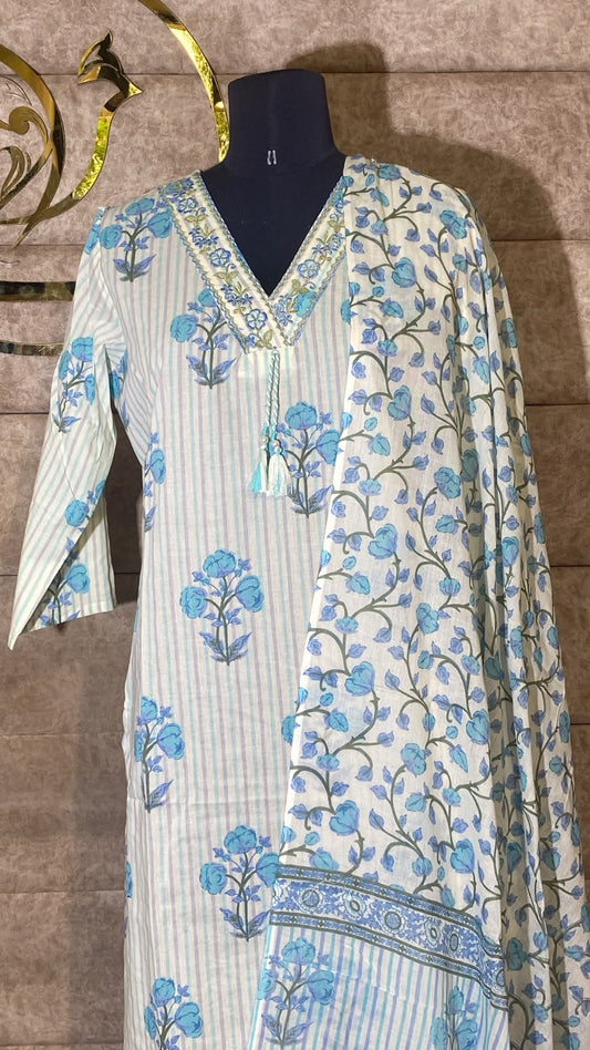 WHITE & BLUE COTTON FULL SALWR SET - 30696