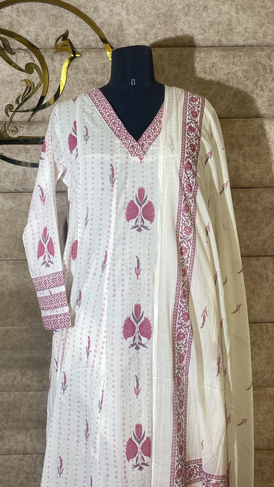 WHITE AND PINK COTTON FULL SALWAR SET - 30697
