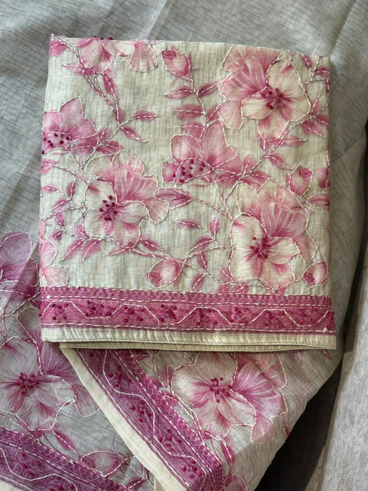 IVORY AND PINK CHANDERI FULL SALWAR MATERIAL - 30709