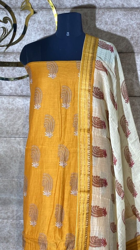 MUSTARD YELLOW & OFF WHITE FULL SALWAR MATERIAL - 30705