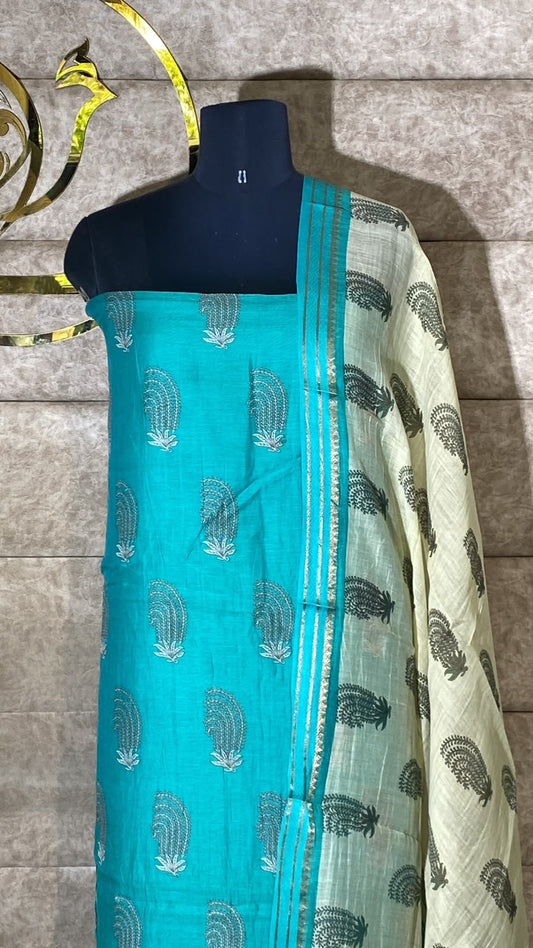 TEAL BLUE & OFF WHITE FULL SALWAR MATERIAL - 30705