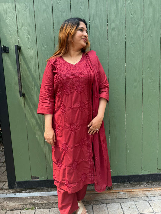 MAROON COTTON CHINKANKARI FULL SALWAR SET - 30625