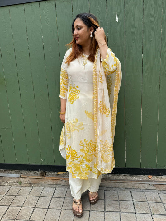 CREAM CRAPE SILK FULL SALWAR SET - 30643