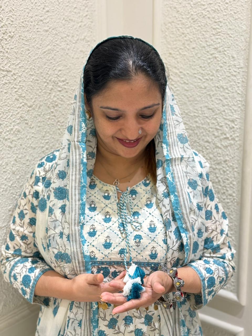 WHITE AND SKY BLUE COTTON FULL SALWAR SET - 30704