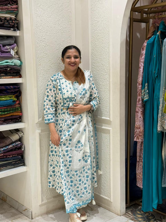 WHITE AND SKY BLUE COTTON FULL SALWAR SET - 30704