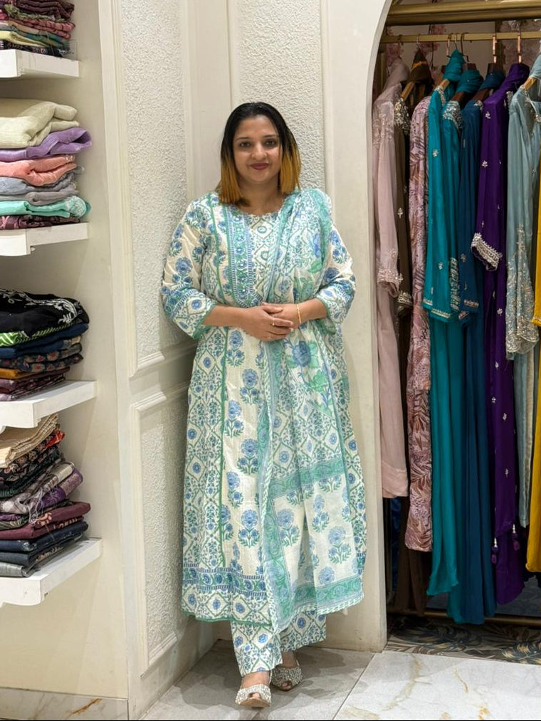 WHITE & BLUE COTTON FULL SALAR SET - 30720