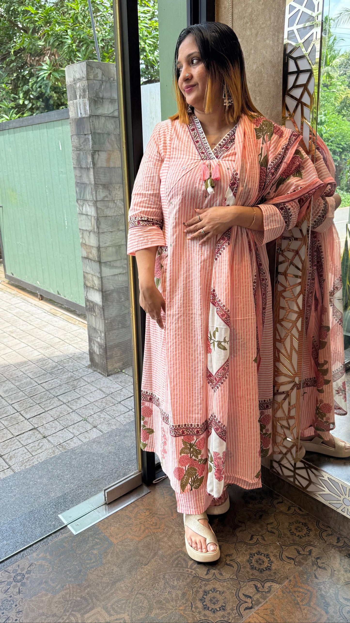 PEACH AND WHITE COTTON FULL SALWAR SET - 30721